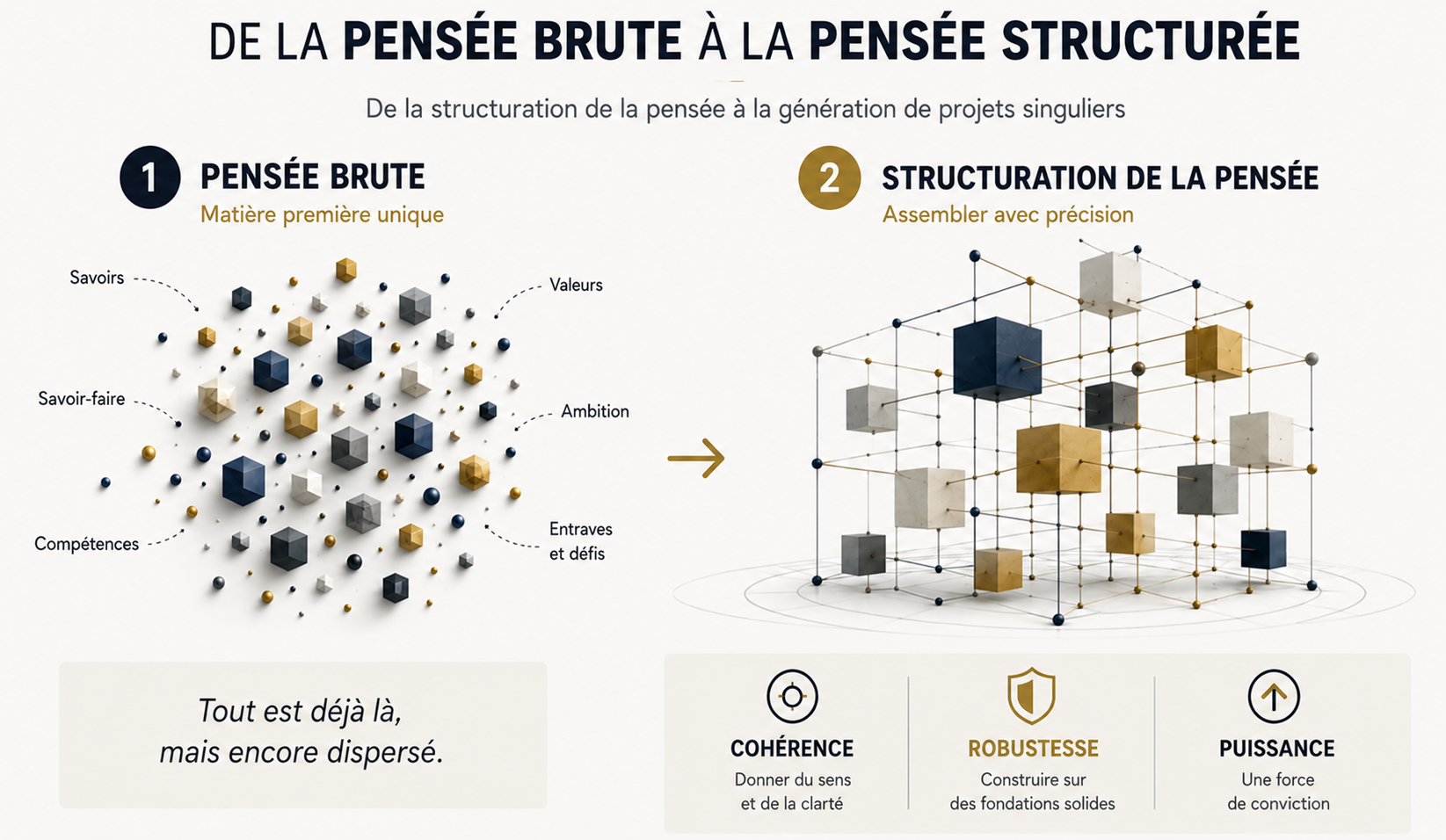 De la pensée brute à la pensée structurée : savoirs, savoir-faire, compétences, valeurs, ambition, entraves et défis assemblés en une architecture cohérente, robuste et puissante.